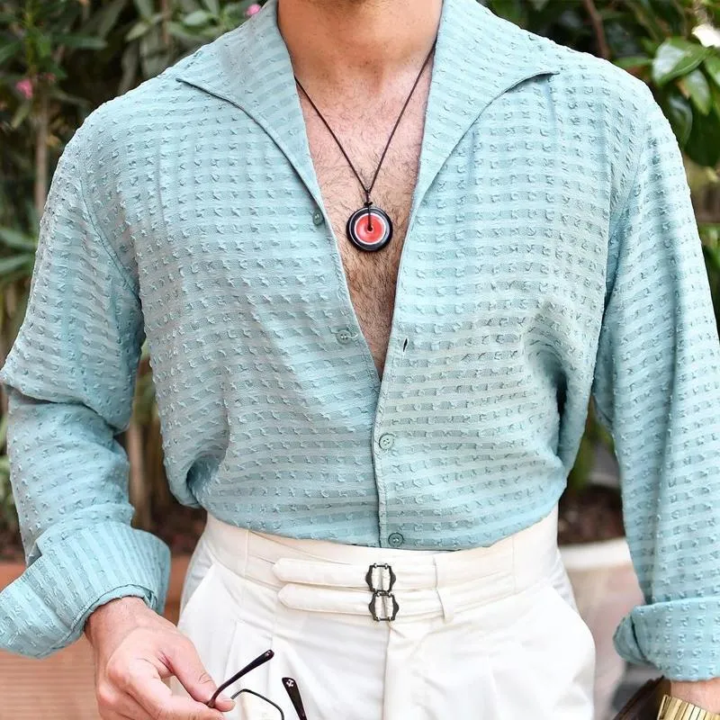 Men's Solid Color Textured Lapel Long Sleeve Shirt 26355213Z sold by Manly product image thumbnail 2