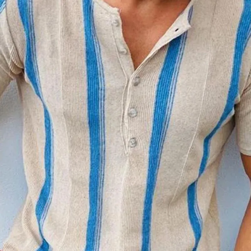 Men's Casual Henley Collar Contrast Stripe Short Sleeve T-Shirt 26499254M sold by Manly product image thumbnail 3