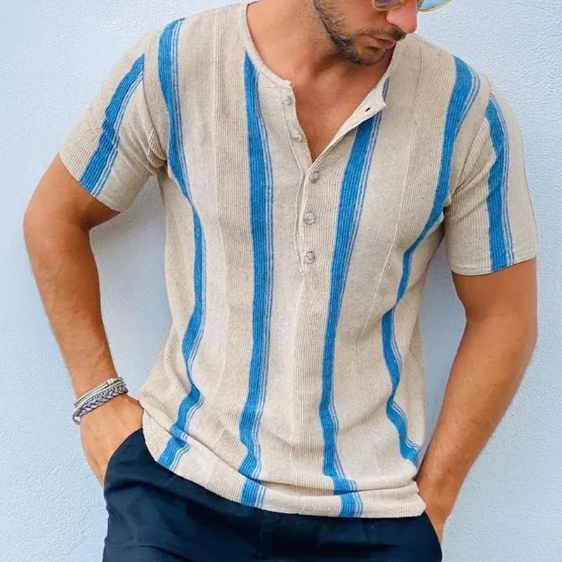 Men's Casual Henley Collar Contrast Stripe Short Sleeve T-Shirt 26499254M sold by Manly product image thumbnail 2