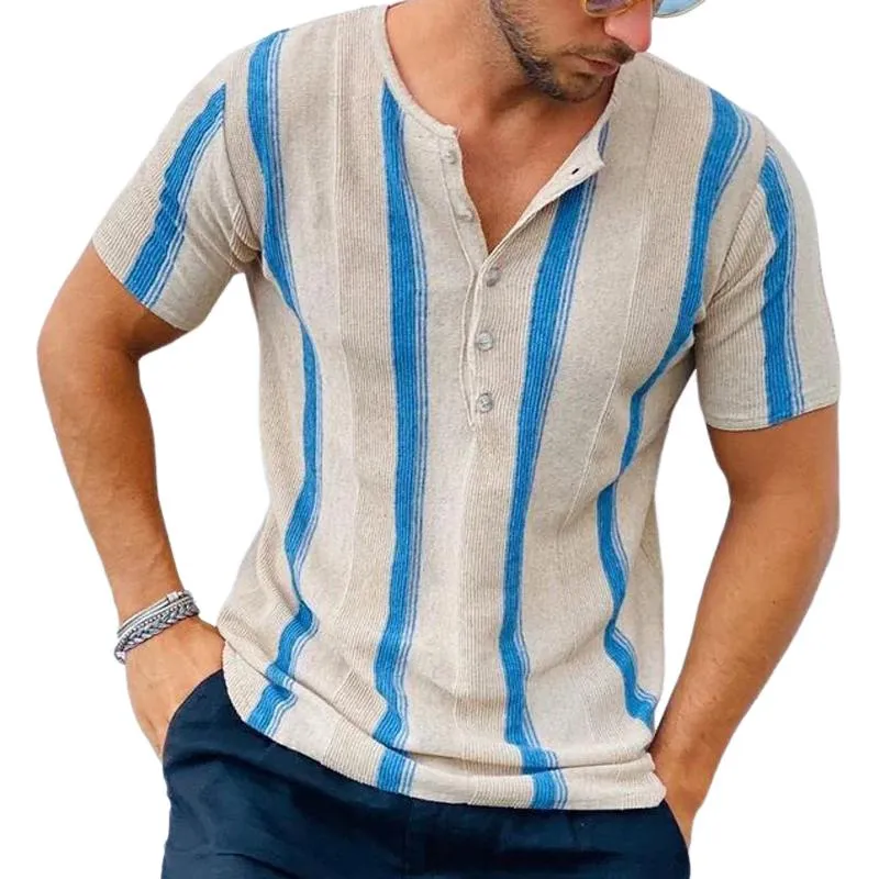 Men's Casual Henley Collar Contrast Stripe Short Sleeve T-Shirt 26499254M sold by Manly