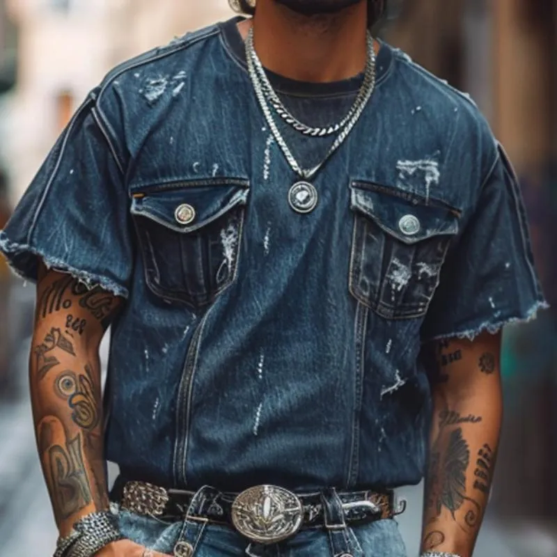 Men's Retro Washed Distressed Hole Round Neck Flap Pocket Loose Short Sleeve T-shirt 70298973M sold by Manly product image thumbnail 3