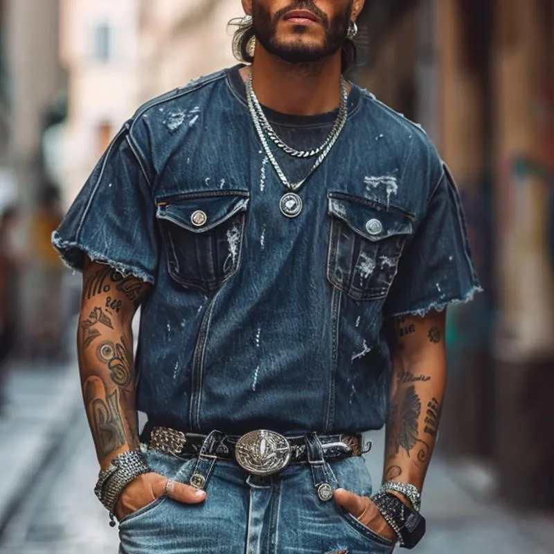 Men's Retro Washed Distressed Hole Round Neck Flap Pocket Loose Short Sleeve T-shirt 70298973M sold by Manly product image thumbnail 2