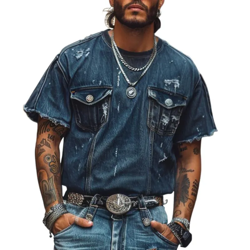 Men's Retro Washed Distressed Hole Round Neck Flap Pocket Loose Short Sleeve T-shirt 70298973M sold by Manly