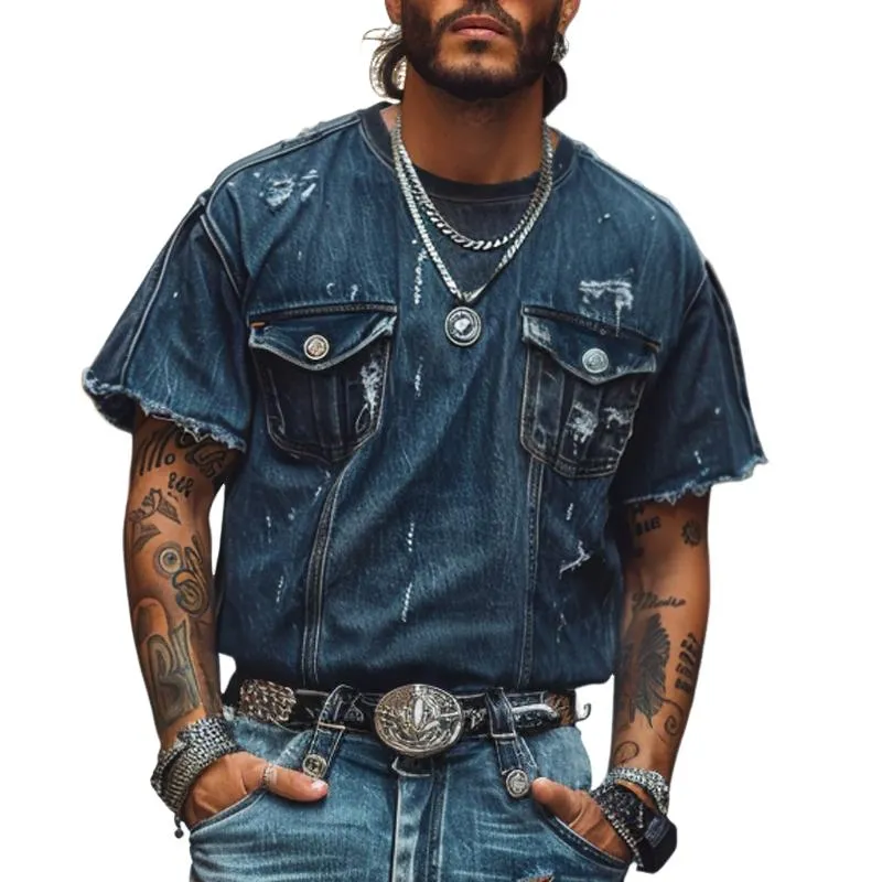 Men's Retro Washed Distressed Hole Round Neck Flap Pocket Loose Short Sleeve T-shirt 70298973M sold by Manly