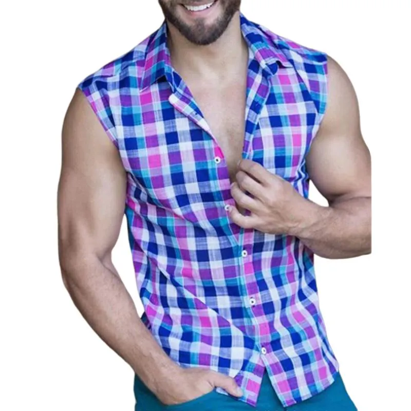 Men's Plaid Print Button-Down Sleeveless Shirt 64808064Y sold by Manly