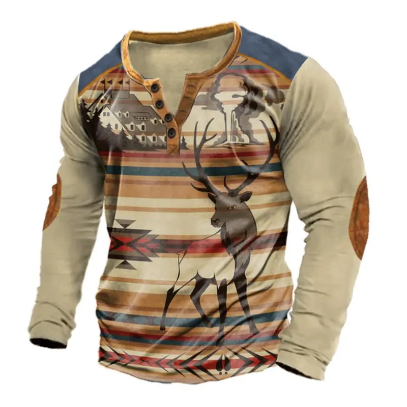 Men's Vintage Western Denim Print Four Button Henley Long Sleeve T-Shirt 89425337X sold by Manly