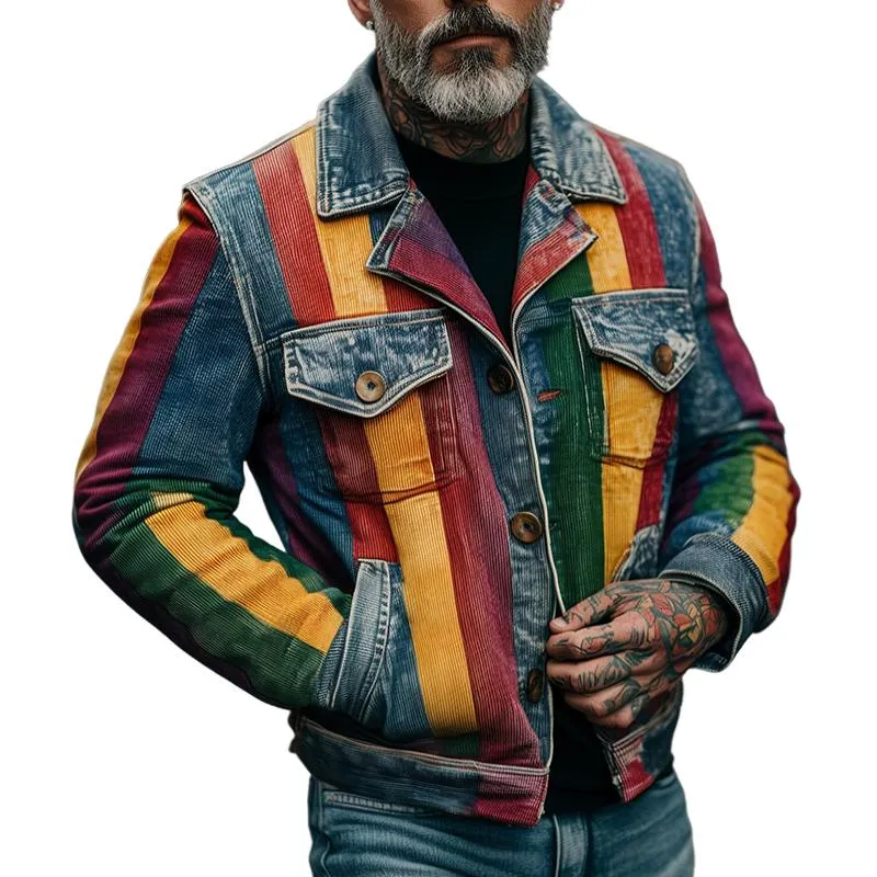 Men's Vintage Casual Striped Corduroy Lapel Jacket 33548217TO sold by Manly