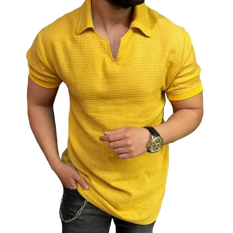 Men's Casual Waffle Lapel Short Sleeve T-Shirt 33772628TO sold by Manly