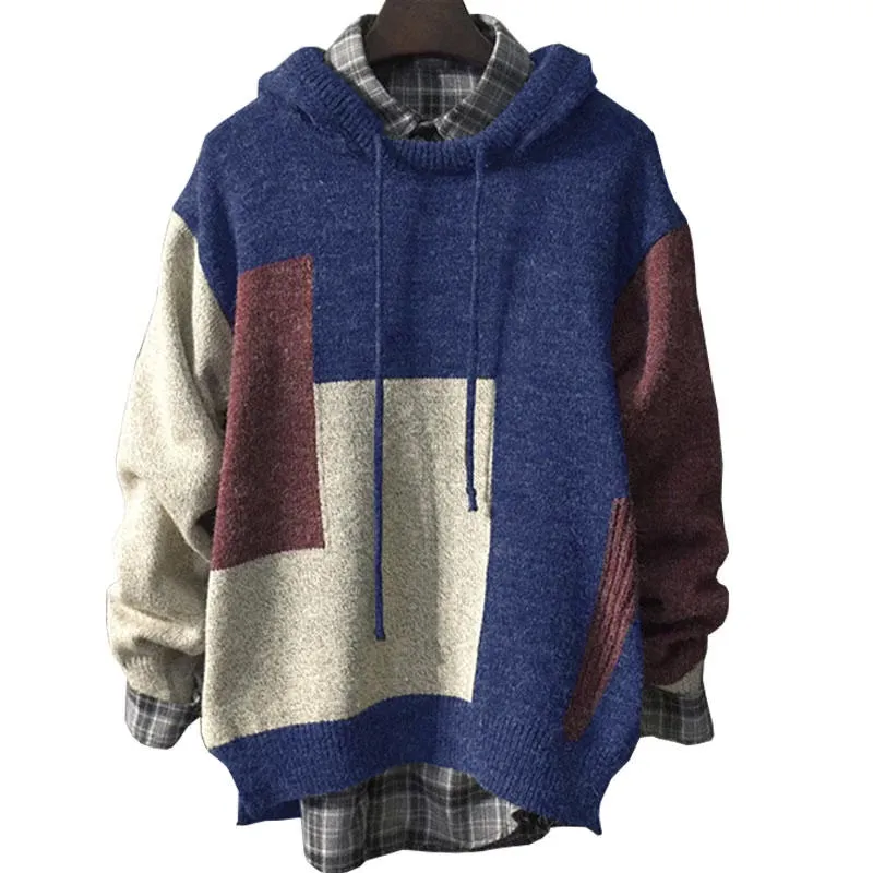 Men's Casual Colorblock Loose Hooded Long-Sleeved Pullover Knitted Sweater 93712715M sold by Manly