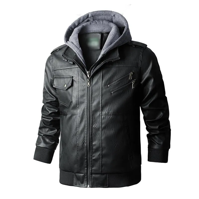 Men's Vintage Removable Hood Loose Zipper Leather Cargo Jacket 37832565M sold by Manly product image thumbnail 2