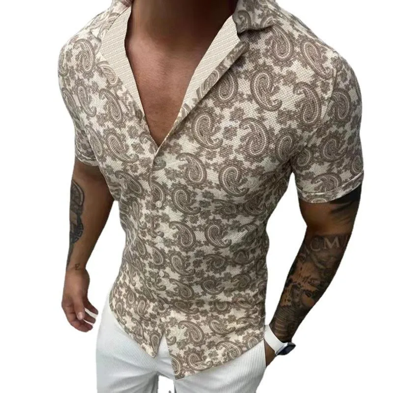 Men's Slim Fit Sexy Cashew Lapel Short Sleeve Shirt 38814357TO sold by Manly