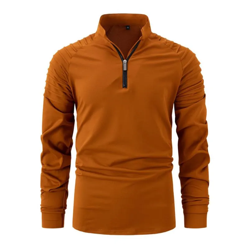 Men's Casual Stand Collar Pleated Patchwork Sports Long-Sleeved T-Shirt 84413157M sold by Manly