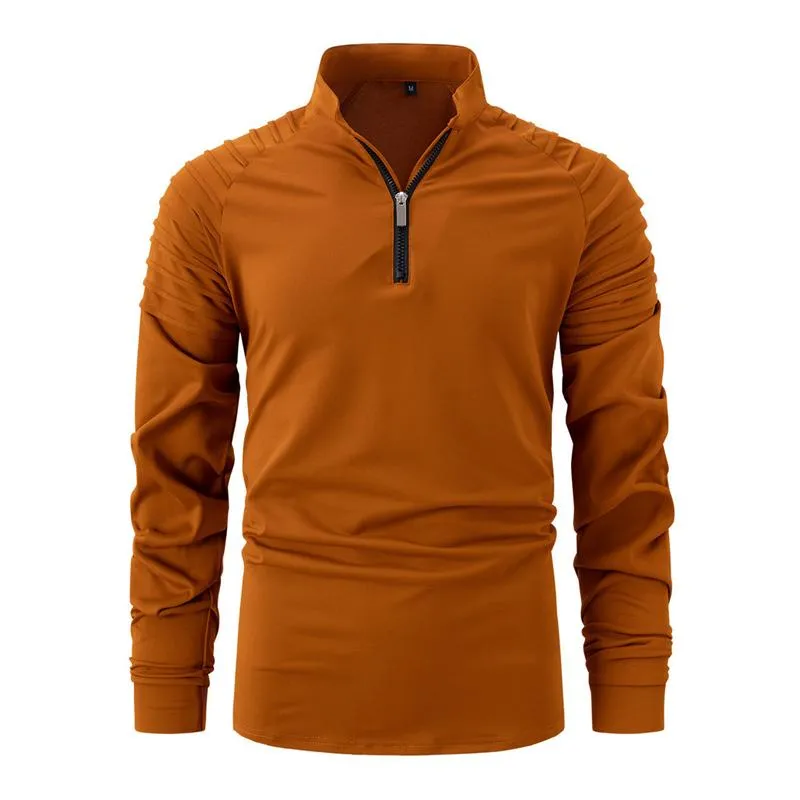 Men's Casual Stand Collar Pleated Patchwork Sports Long-Sleeved T-Shirt 84413157M sold by Manly