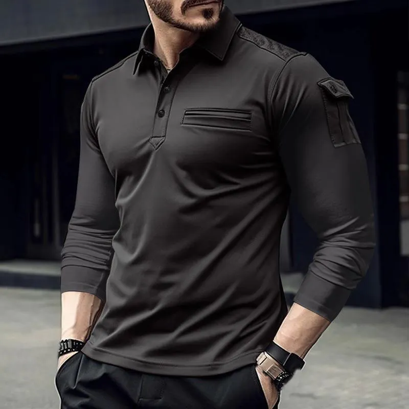 Men's Solid Color Pocket Long Sleeve Polo Shirt 20971835Y sold by Manly product image thumbnail 3