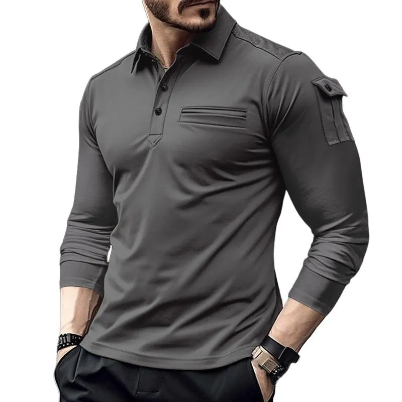 Men's Solid Color Pocket Long Sleeve Polo Shirt 20971835Y sold by Manly