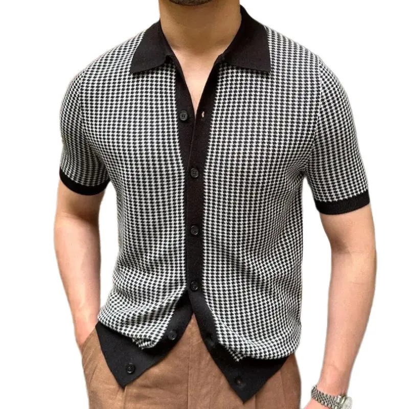 Men's Houndstooth Lapel Short Sleeve Single Breasted Knit Polo Shirt 32398352Z sold by Manly