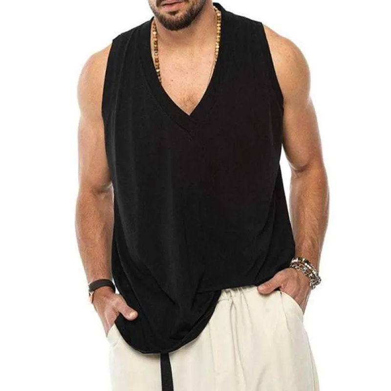 Men's Casual V-Neck Solid Color Cotton Linen Tank Top 90032798M sold by Manly