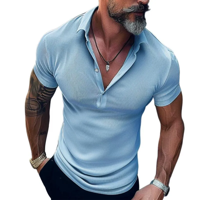 Men's Casual Solid Color Lapel Short-sleeved T-shirt 44026636TO sold by Manly