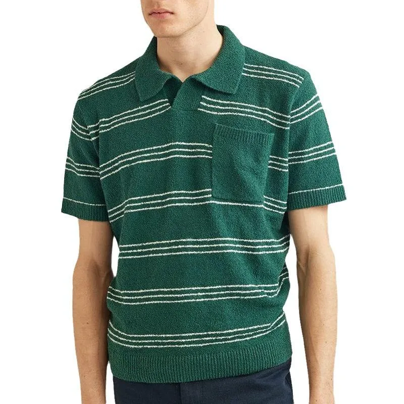 Men's Striped Lapel Short Sleeve Knit Polo Shirt 99107619Z sold by Manly