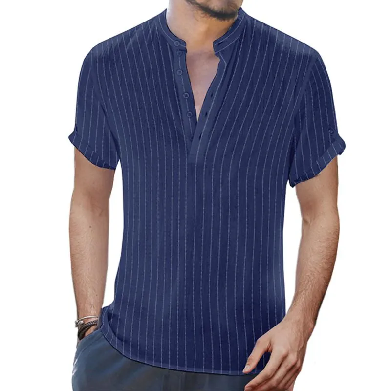 Men's Casual Loose Striped Cotton Linen Stand Collar Short Sleeve Shirt 24527701M sold by Manly