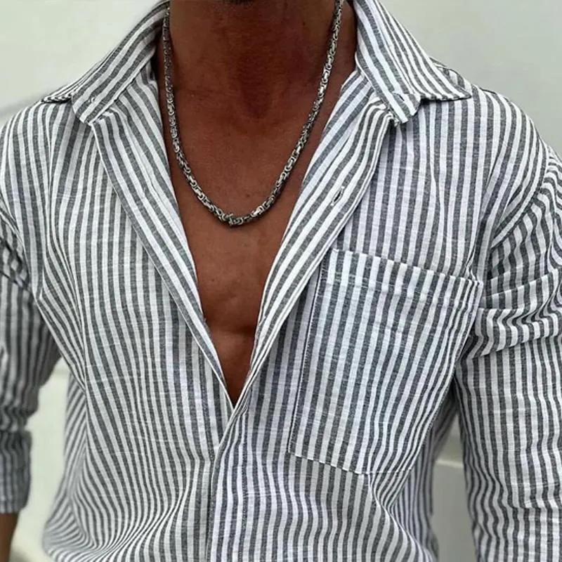 Men's Striped Lapel Chest Pocket Long Sleeve Casual Shirt 81844847Z sold by Manly product image thumbnail 3