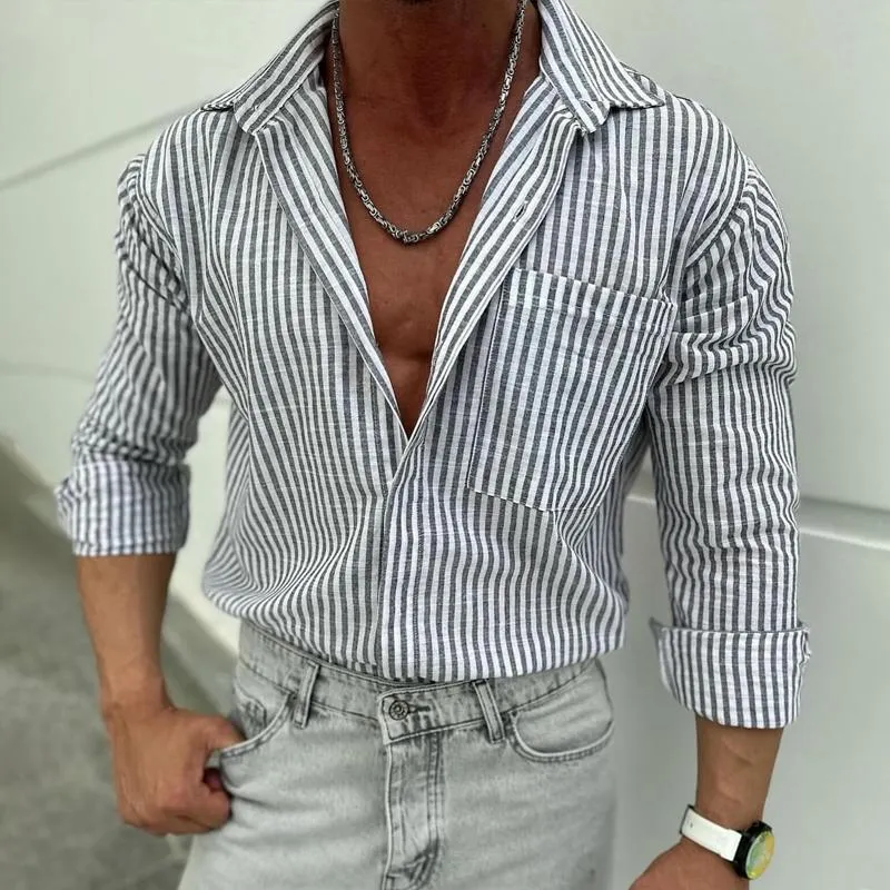 Men's Striped Lapel Chest Pocket Long Sleeve Casual Shirt 81844847Z sold by Manly product image thumbnail 2