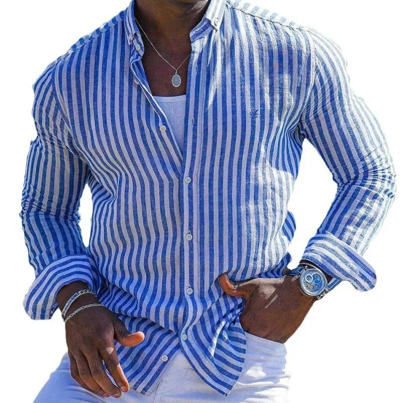 Men's Striped Lapel Long Sleeve Casual Shirt 47825143Z sold by Manly