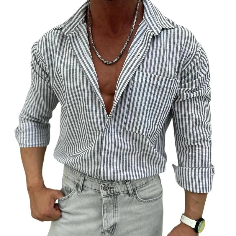 Men's Striped Lapel Chest Pocket Long Sleeve Casual Shirt 81844847Z sold by Manly