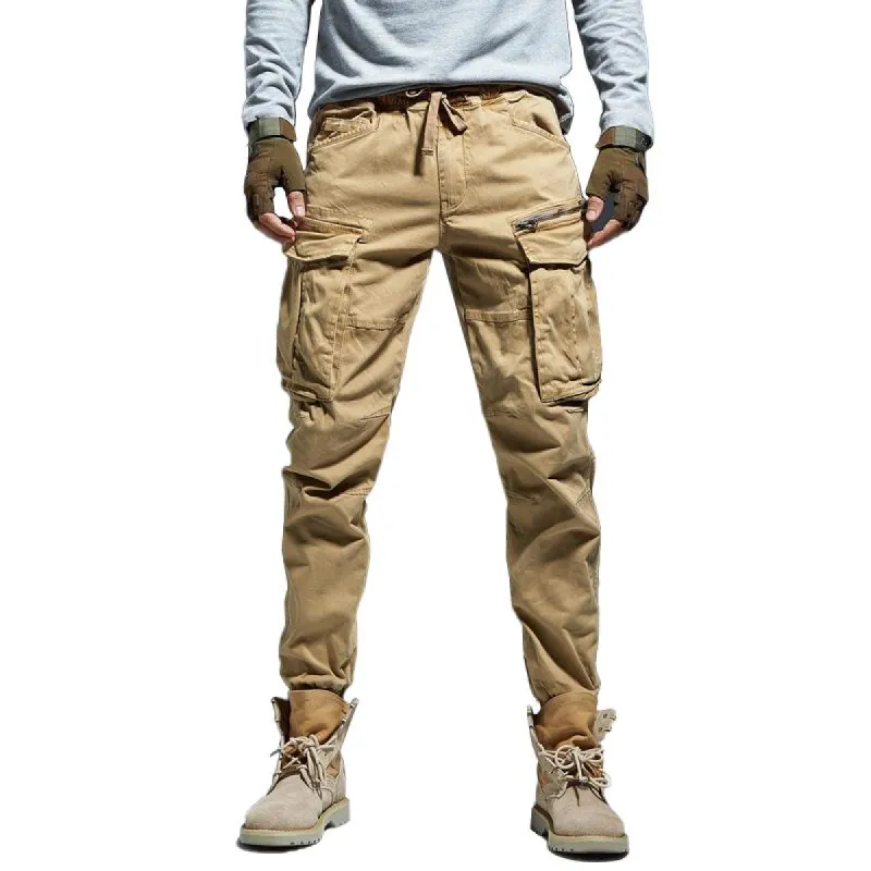 Men's Solid Multi-pocket Elastic Waist Cotton Cargo Pants 18058123Z sold by Manly