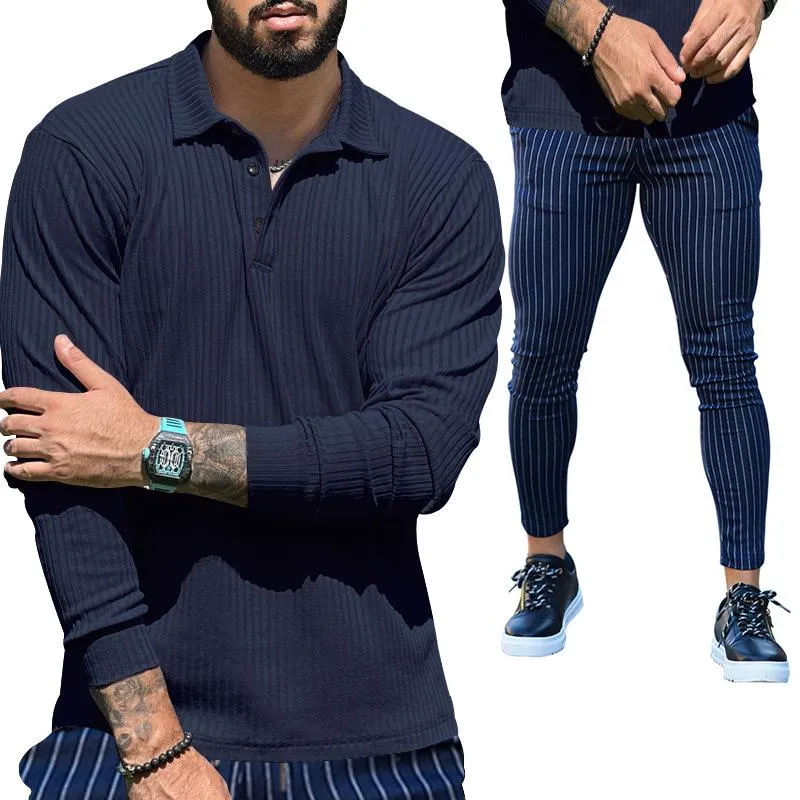 Men's Casual Solid Color Long Sleeve Polo Shirt Stripe Pants Set 73645896Y sold by Manly