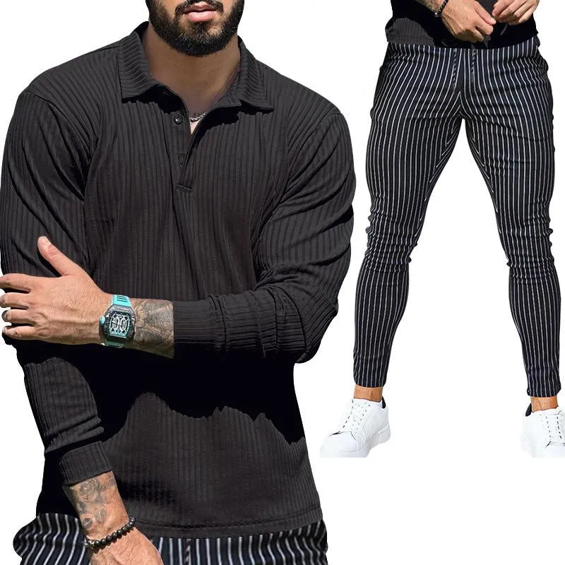 Men's Casual Solid Color Long Sleeve Polo Shirt Stripe Pants Set 73645896Y sold by Manly product image thumbnail 5
