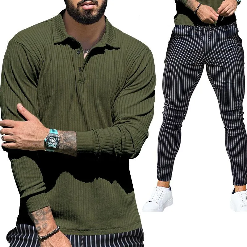 Men's Casual Solid Color Long Sleeve Polo Shirt Stripe Pants Set 73645896Y sold by Manly product image thumbnail 4