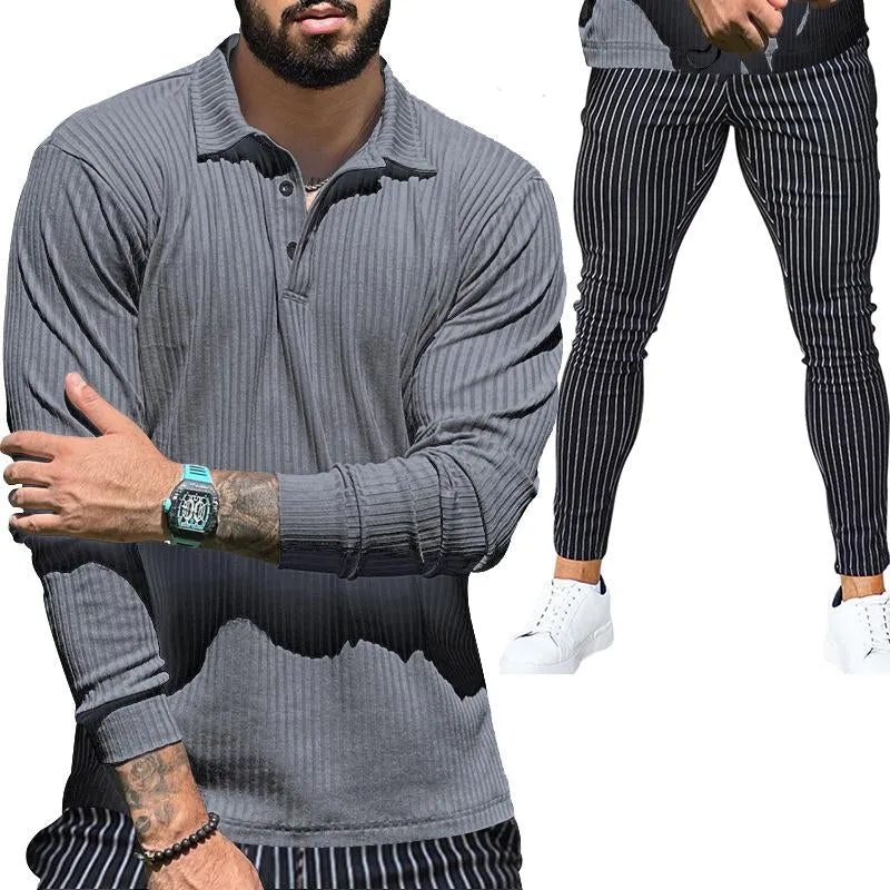 Men's Casual Solid Color Long Sleeve Polo Shirt Stripe Pants Set 73645896Y sold by Manly product image thumbnail 3