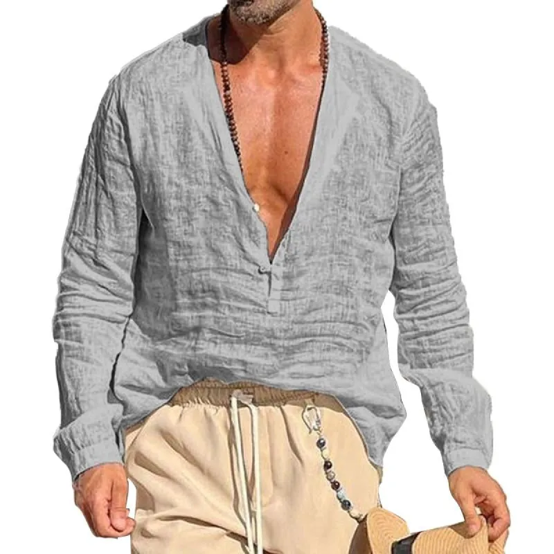 Men's Casual Solid Color Loose V Neck Long Sleeve Shirt 09665973Y sold by Manly