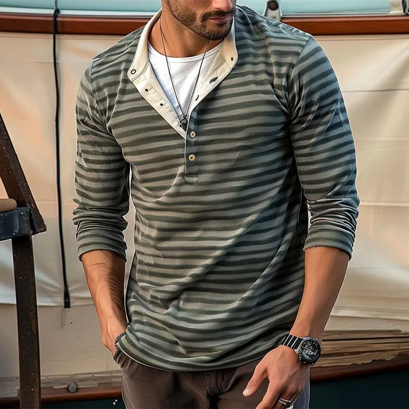 Men's Casual Vintage Striped Henley Neck T-Shirt 01721588TO sold by Manly product image thumbnail 2