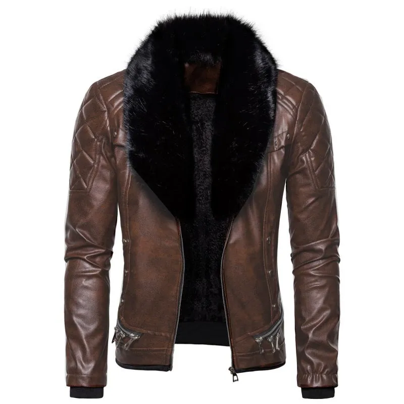Men's Vintage Fur Collar Zipper Panel Leather Jacket 84578852M sold by Manly product image thumbnail 5