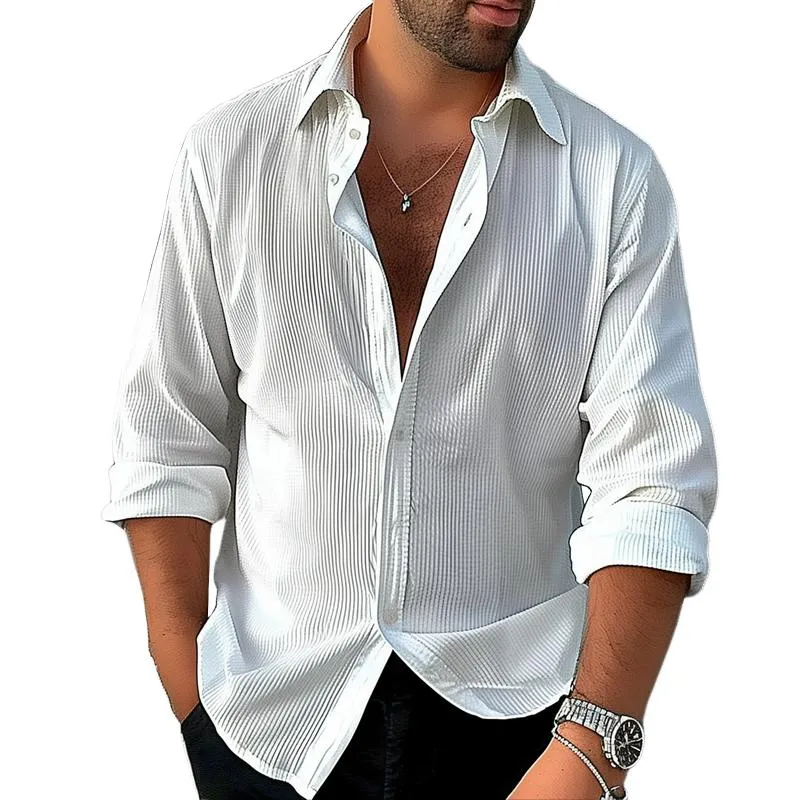 Men's Solid Color Striped Lapel Long Sleeve Shirt 94803968Z sold by Manly