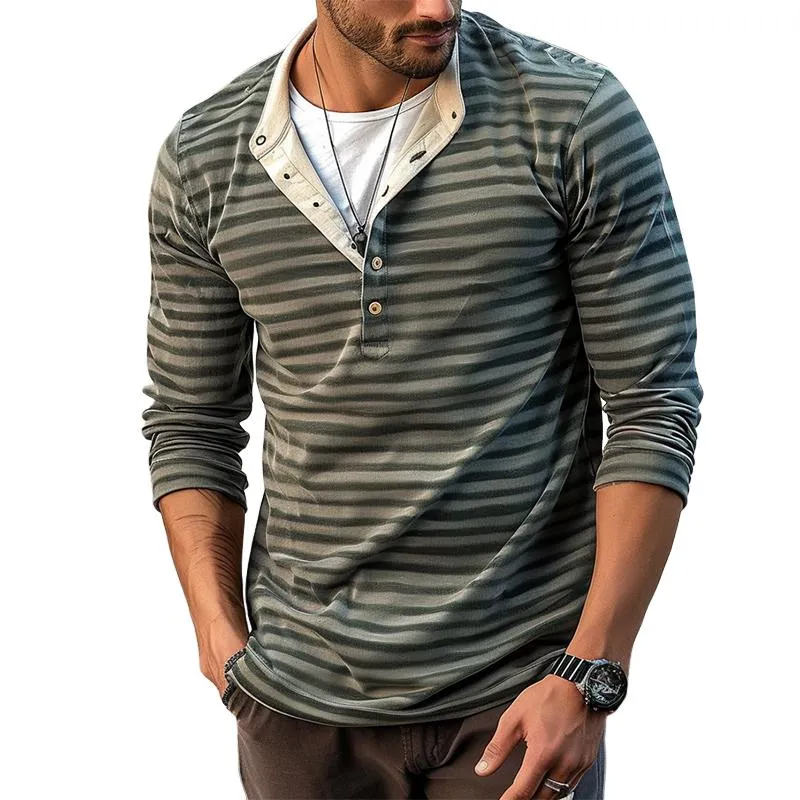 Men's Casual Vintage Striped Henley Neck T-Shirt 01721588TO sold by Manly