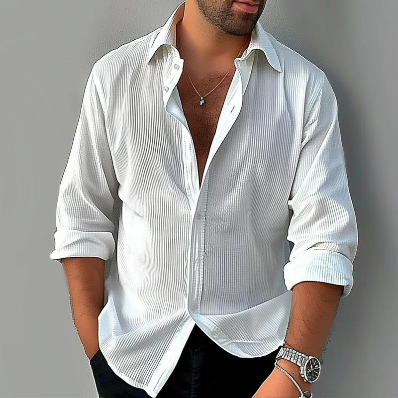 Men's Solid Color Striped Lapel Long Sleeve Shirt 94803968Z sold by Manly product image thumbnail 2