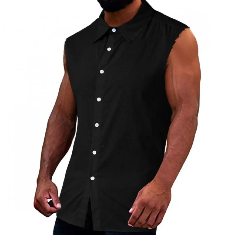 Men's Casual Solid Color Lapel Button Sleeveless Shirt 34558934M sold by Manly