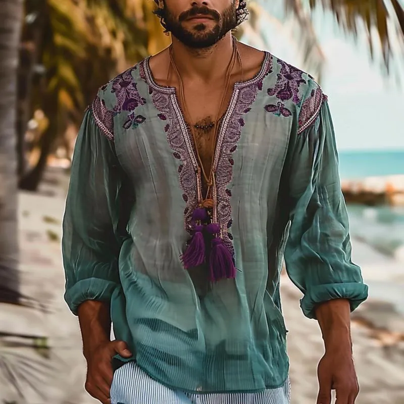 Men's Ethnic Style Loose V Neck Long Sleeve Shirt 57207048Z sold by Manly product image thumbnail 2