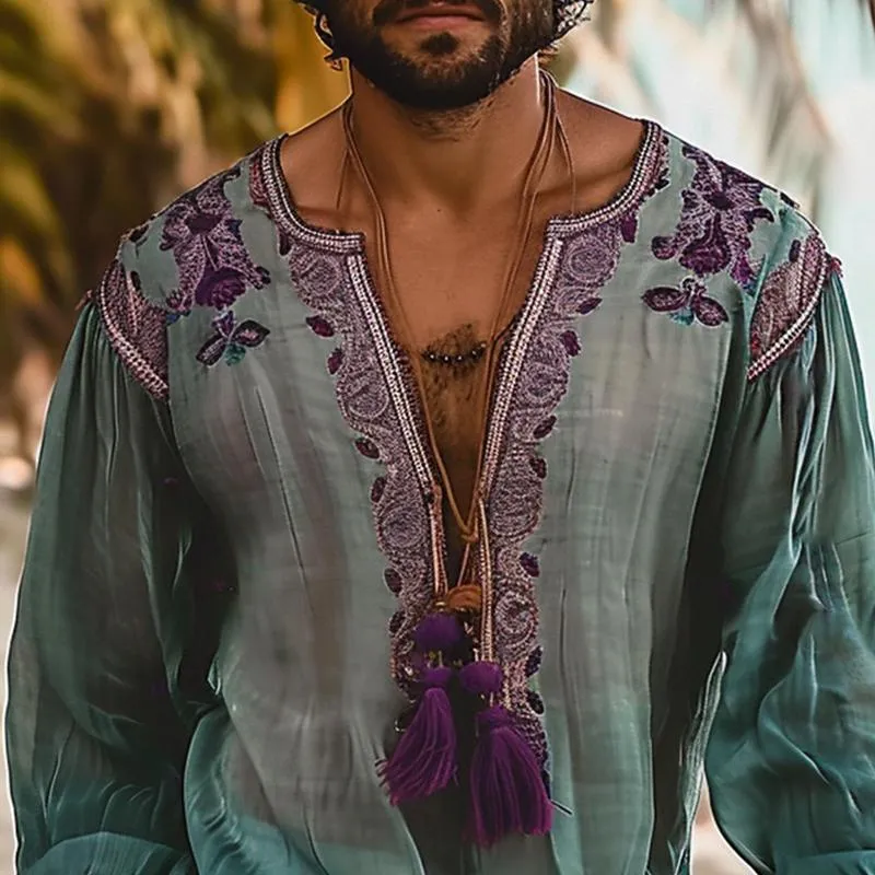 Men's Ethnic Style Loose V Neck Long Sleeve Shirt 57207048Z sold by Manly product image thumbnail 3