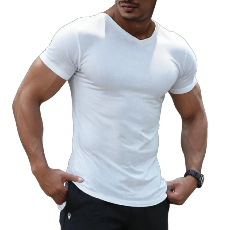 Men's Casual Solid Color V-Neck Stretch Tight Short-Sleeved T-Shirt 97372063M sold by Manly