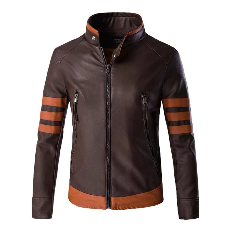 Men's Vintage Contrast Stand Collar Zipper Motorcycle Leather Jacket 44707249M sold by Manly