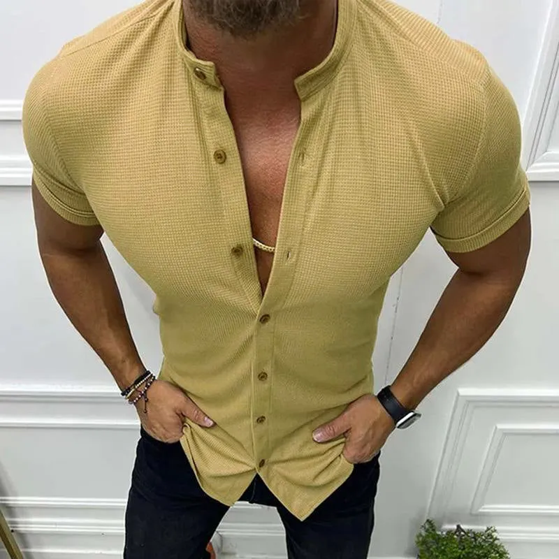 Men's Casual Solid Color Stand Collar Waffle Short Sleeve Shirt 42874660M sold by Manly product image thumbnail 2