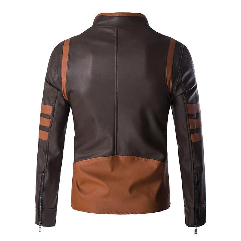 Men's Vintage Contrast Stand Collar Zipper Motorcycle Leather Jacket 44707249M sold by Manly product image thumbnail 2