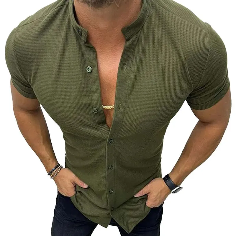 Men's Casual Solid Color Stand Collar Waffle Short Sleeve Shirt 42874660M sold by Manly