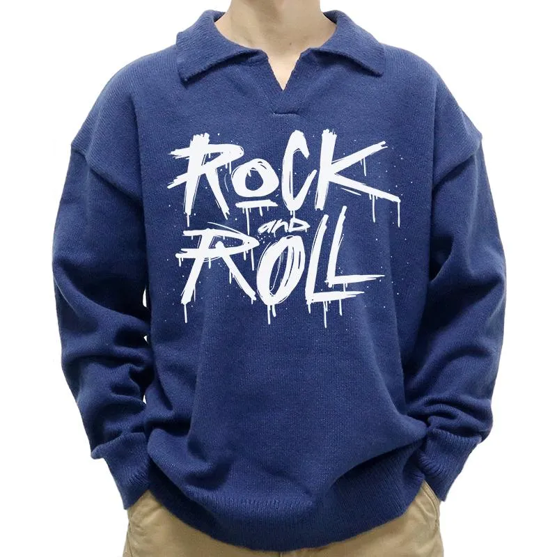 Men's Casual Polo Collar Rock And Roll Print Long Sleeve Pullover Sweater 17953618M sold by Manly product image thumbnail 3