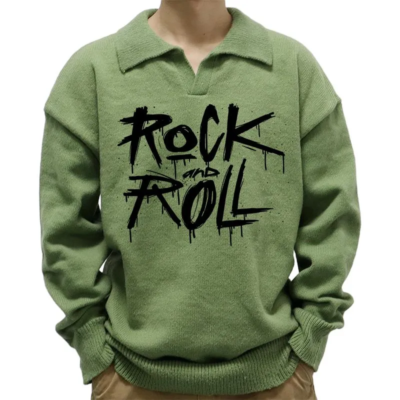 Men's Casual Polo Collar Rock And Roll Print Long Sleeve Pullover Sweater 17953618M sold by Manly product image thumbnail 5