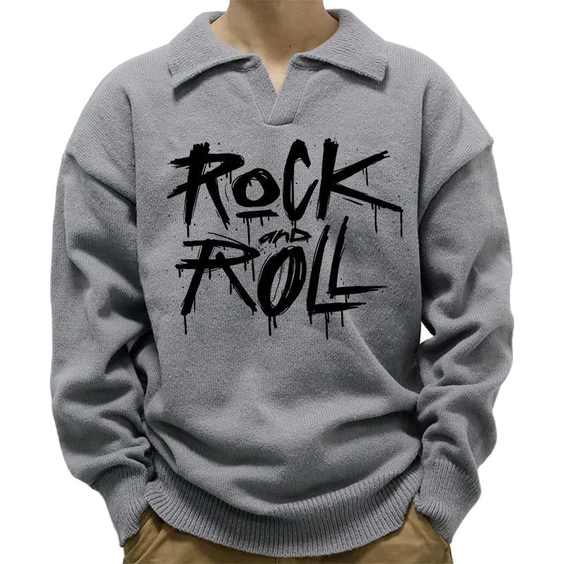 Men's Casual Polo Collar Rock And Roll Print Long Sleeve Pullover Sweater 17953618M sold by Manly product image thumbnail 2